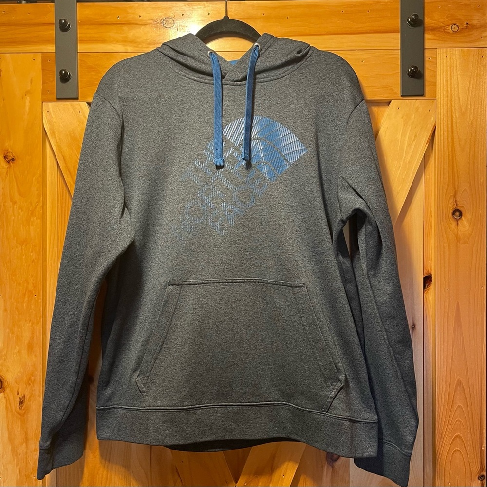 Men's Gray Northface Hoodie Sweatshirt with Blue Accents, size L